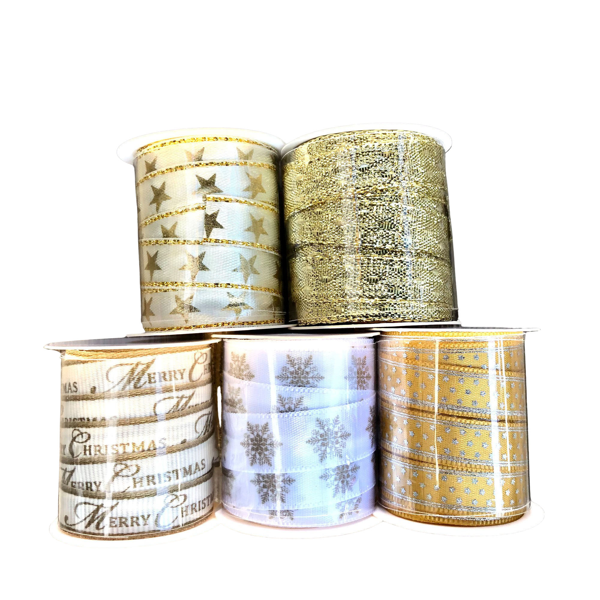 5 x Rollen Geschenkband-Schleifenband aus Stoff - verschiedene Designs 3 m x 1 cm/pro Rolle