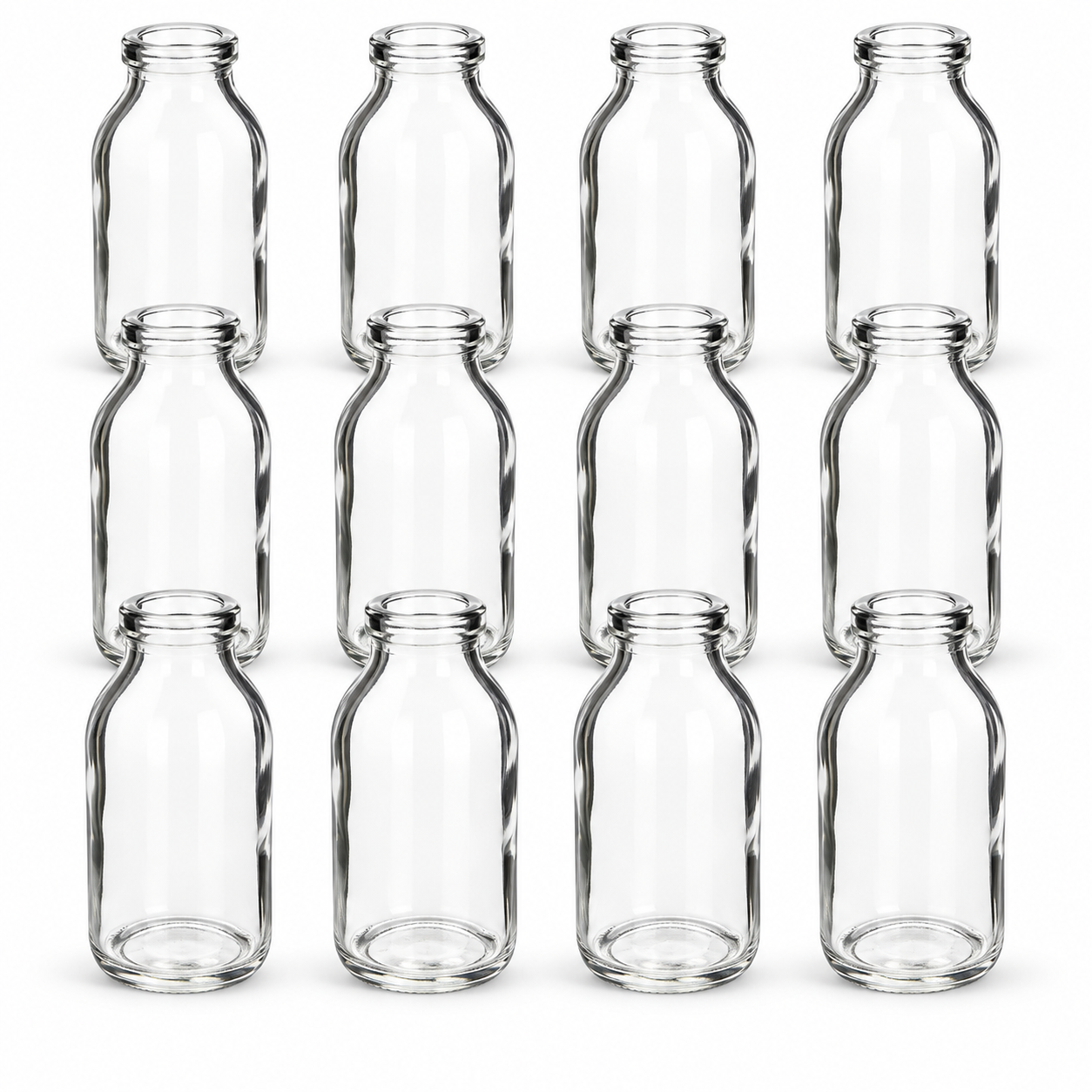 12 x Glasfläschchen - Vasen H 10,5 cm inkl. 12 Herzen mit Öse zum Verzieren