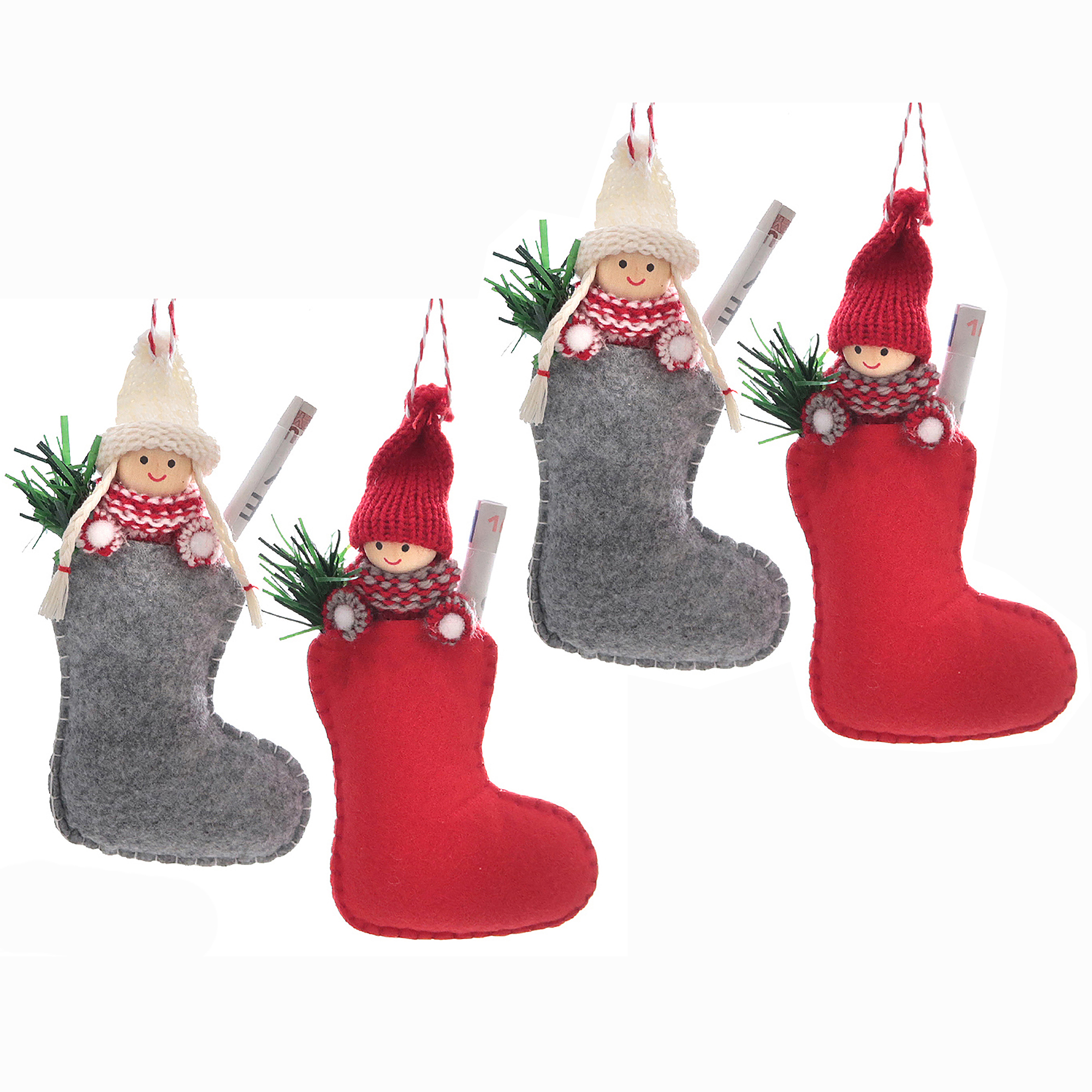 4 x Anhänger "Wichtel in Socke" für Geldgeschenke H 17 cm