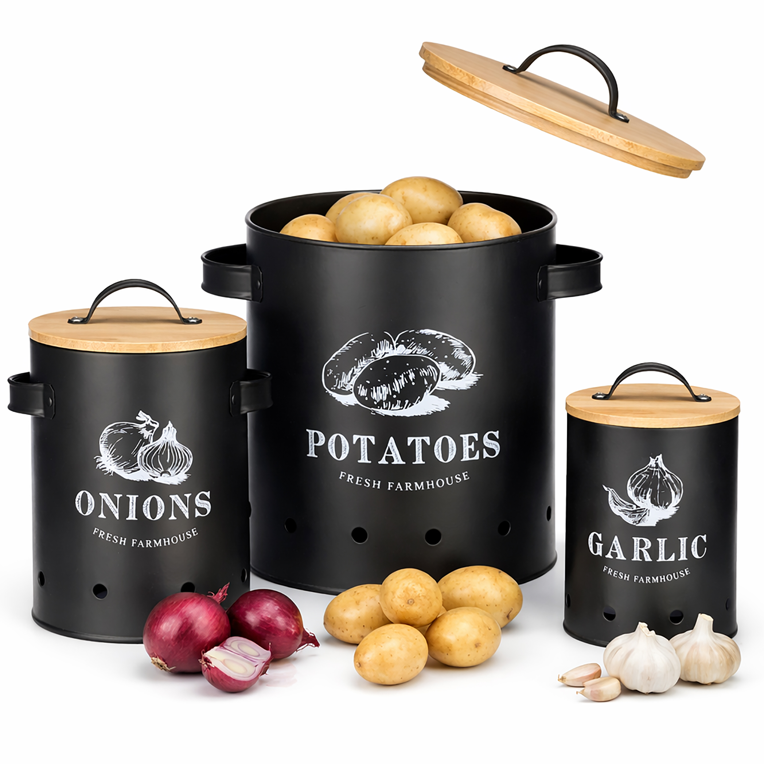 3er Set Vorratsdosen "Mara" aus Metall mit Bambus Deckel für Knoblauch, Zwiebel und Kartoffel