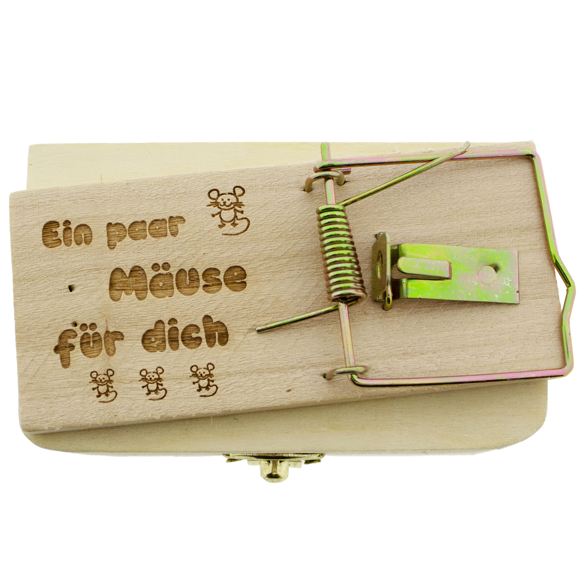Geldgeschenk "Mäusefalle mit Gravur" auf Holzbox 10 x 5,5 cm