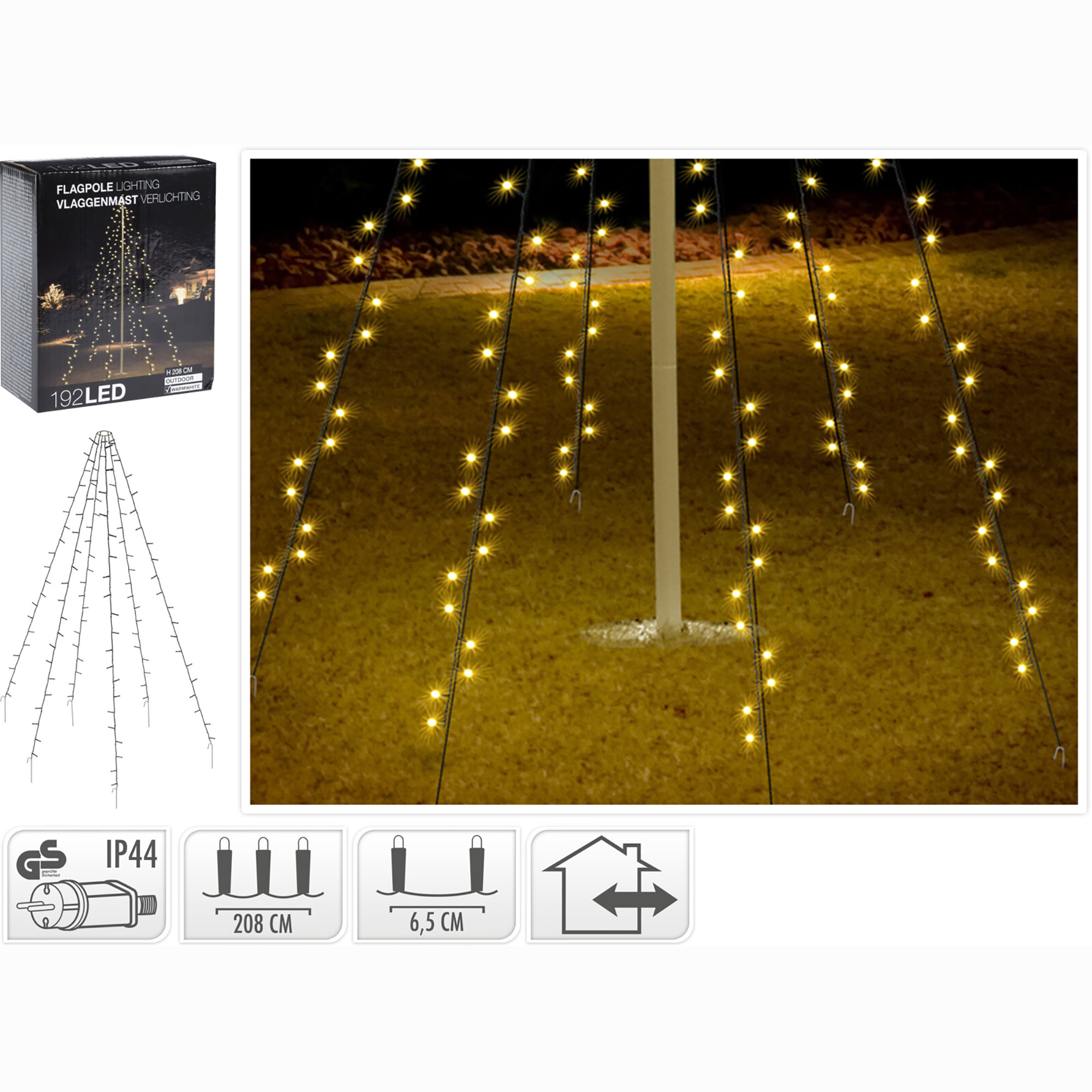 Lichterkette Fahnenmast oder Baum für Außenbereich - 6 Stränge - 208 cm - 192 LED´s warmweiß
