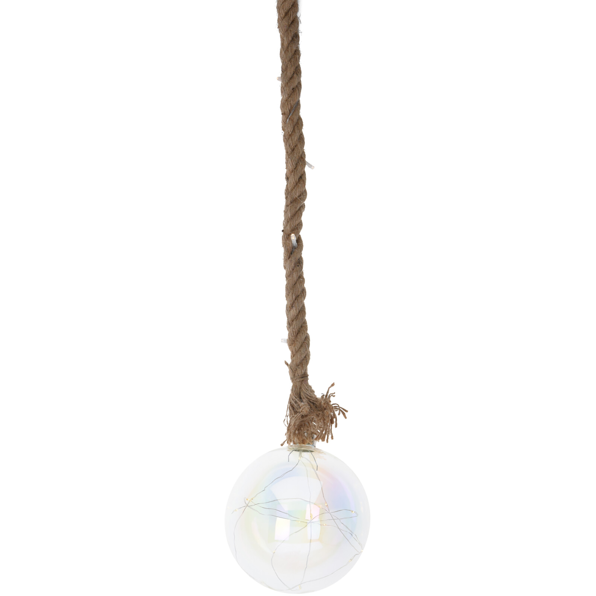 Glaskugel mit LED Lichterkette inkl. Timer an rustikalem Seil