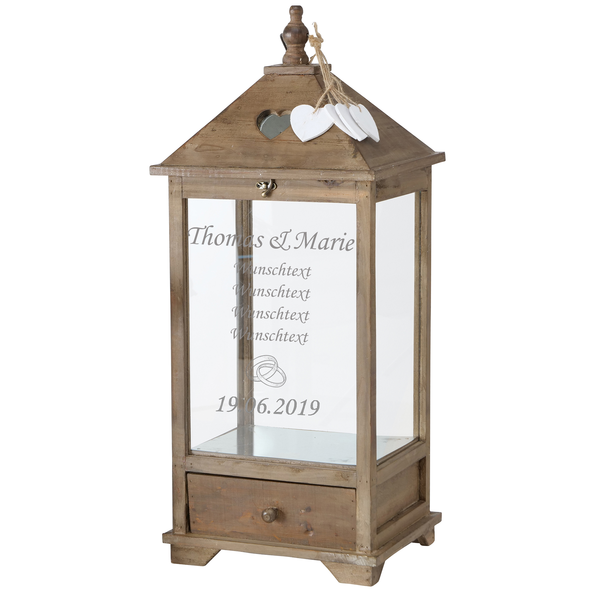 Laterne "Mirano"aus Holz mit persönlicher Gravur zur Hochzeit oder mit Wunschtext