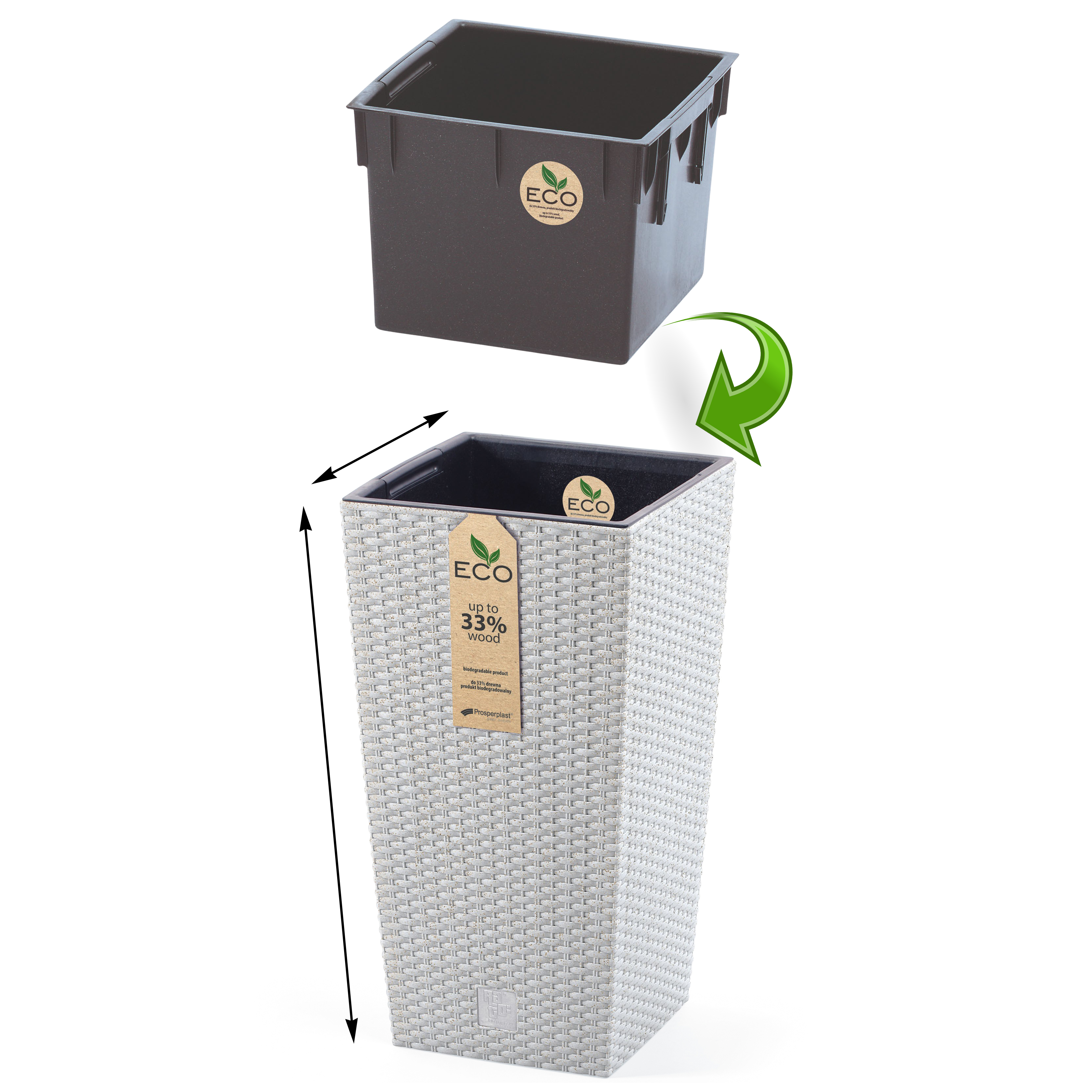 Pflanzsäule im Rattan-Look und Eco-Ausführung mit 33% Holzanteil inkl. Innentopf