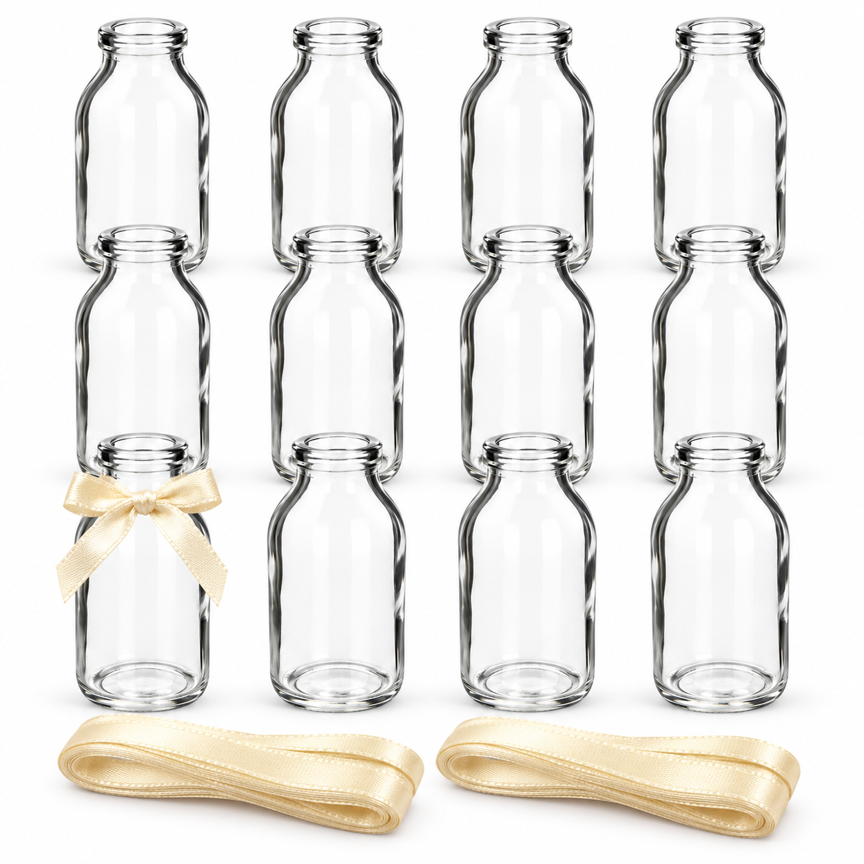 12 x Glasfläschchen - Vasen, cremefarbenes Band H 10,5 cm