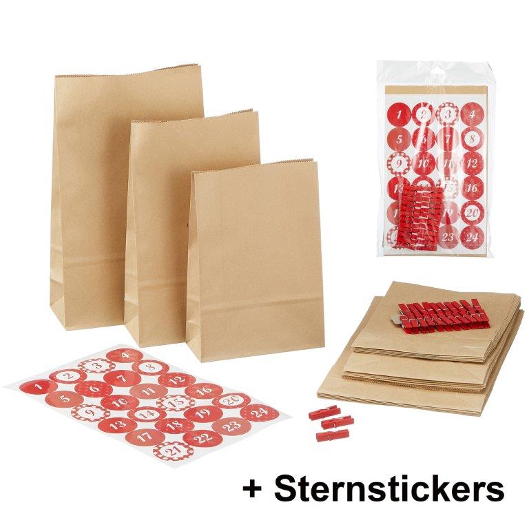 DIY Adventskalender zum Befüllen 72-teilig + 134 Sterne zum Kleben
