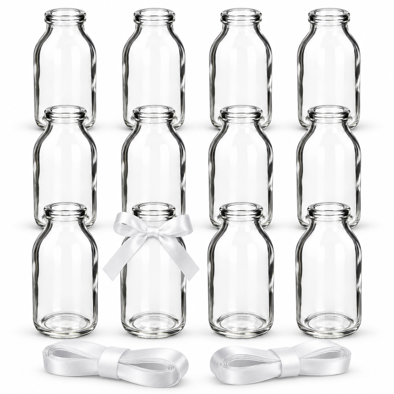 12 x Glasfläschchen im Landhausstil H 10,5 cm inkl.weißes Dekoband
