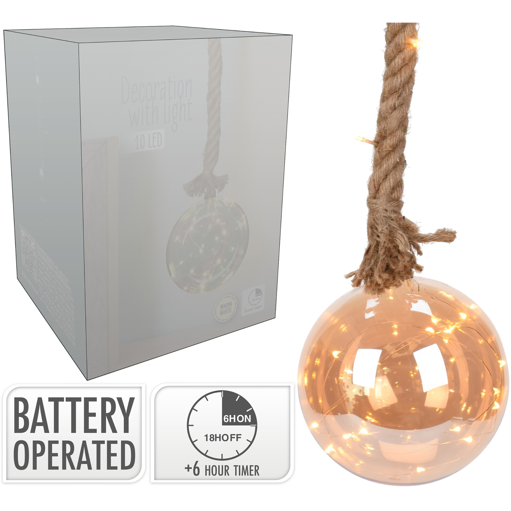 Glaskugel mit LED Lichterkette inkl. Timer an rustikalem Seil