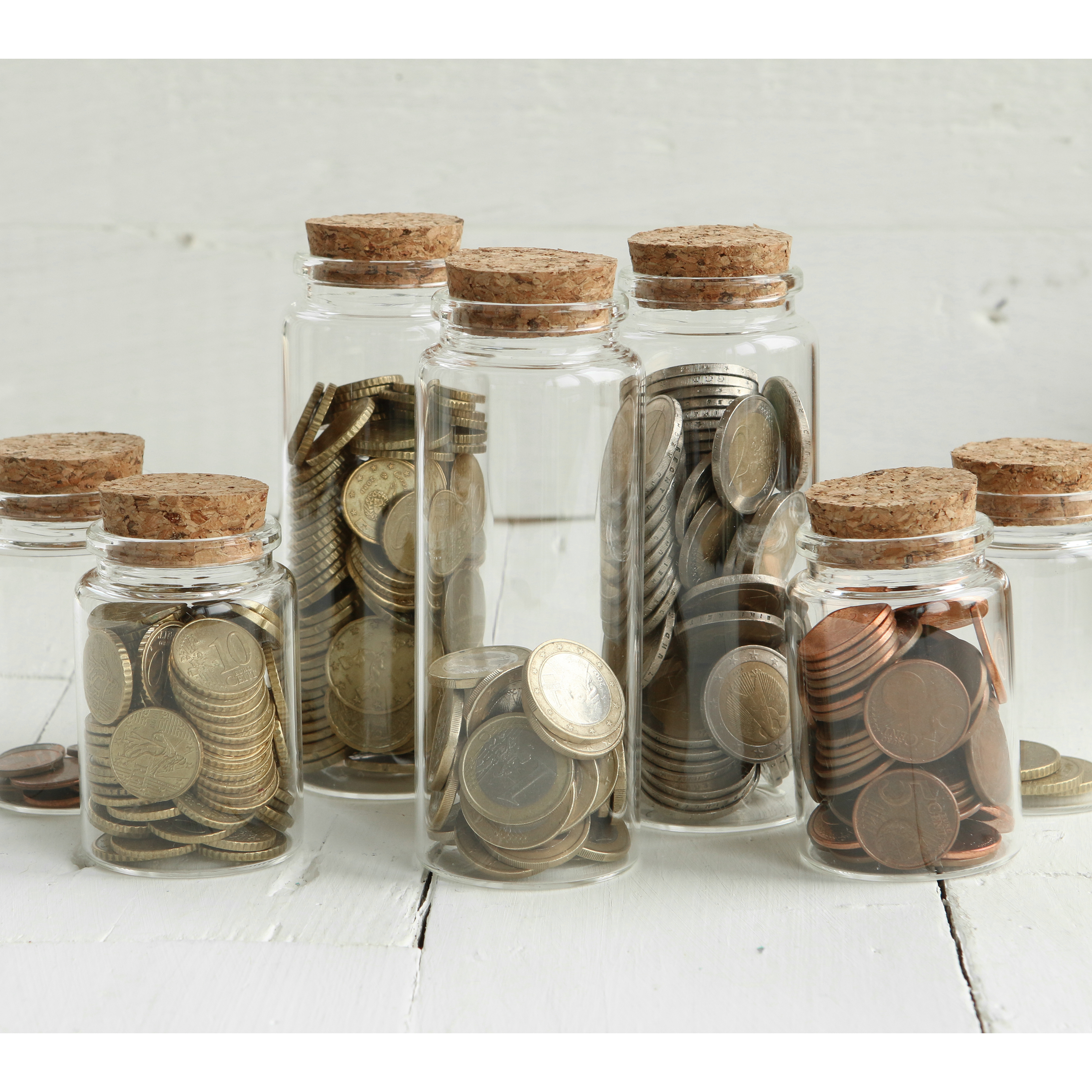 12 x Glasflaschen mit Deckel aus Kork H 7,5 oder 12,5 cm - Gewürzgläser - Vasen