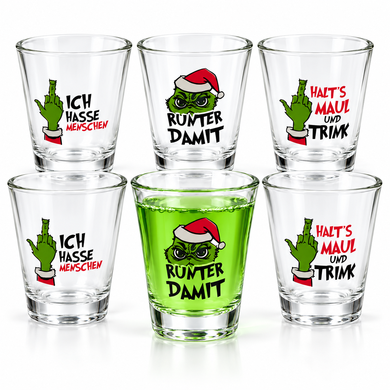 6 x Schnapspinnchen aus Glas "Festtags-Muffel" 40 ml - 3 Modelle