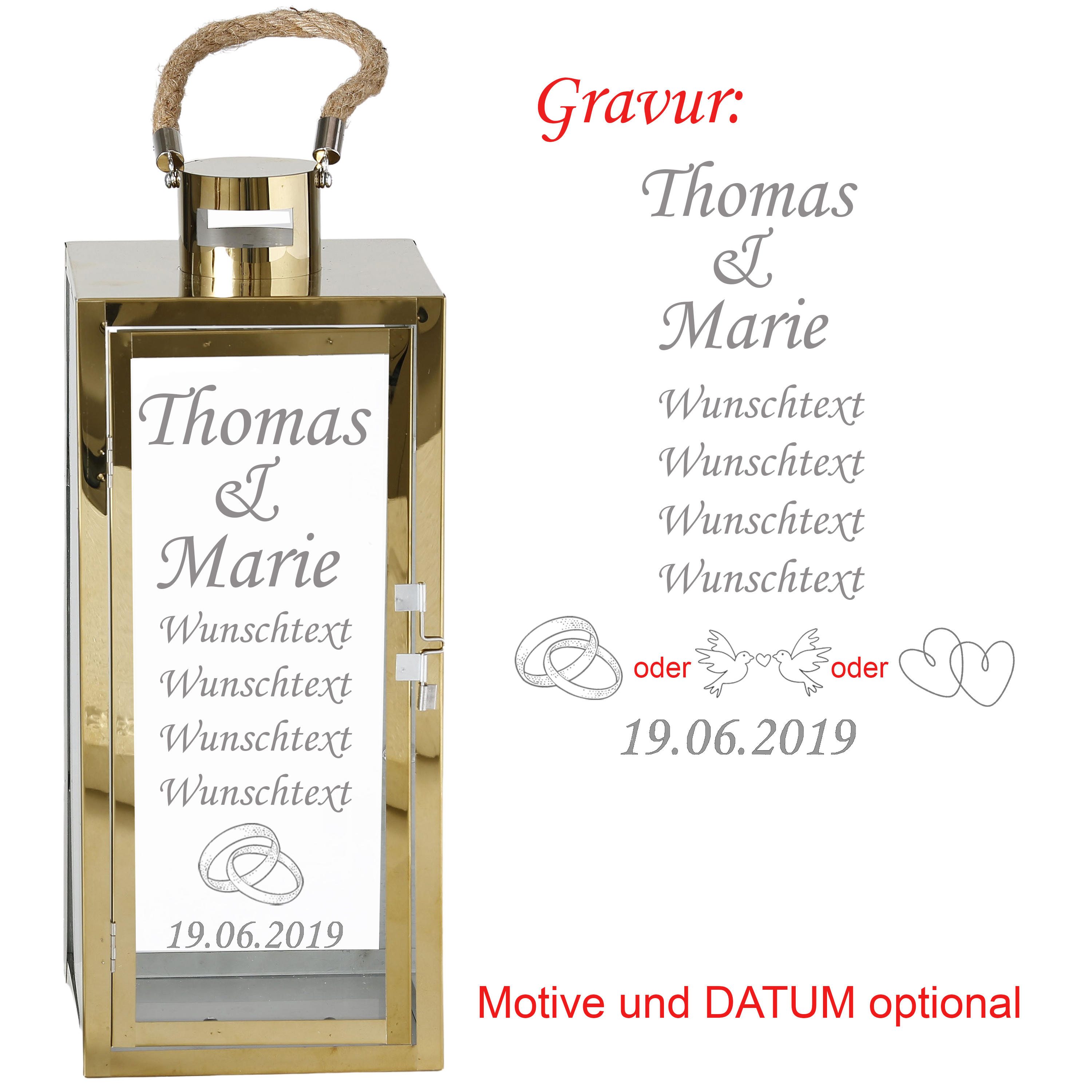 Laterne "Genua" aus Eisen mit persönlicher Gravur zur Hochzeit H 31/45 cm