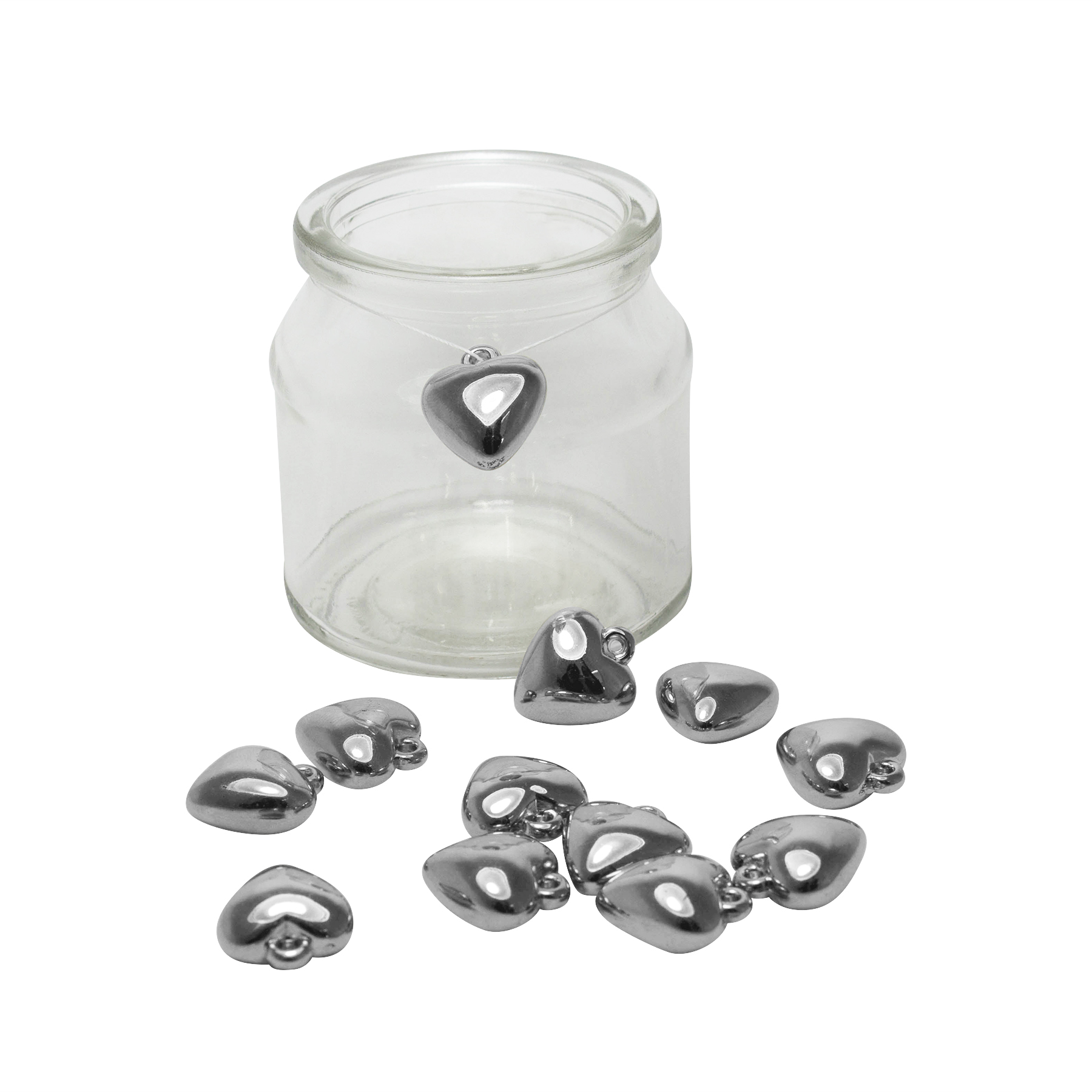 12 x Teelichtgläser - Windlichter inkl.12 x Herzen mit Öse zum Hängen H 7 cm