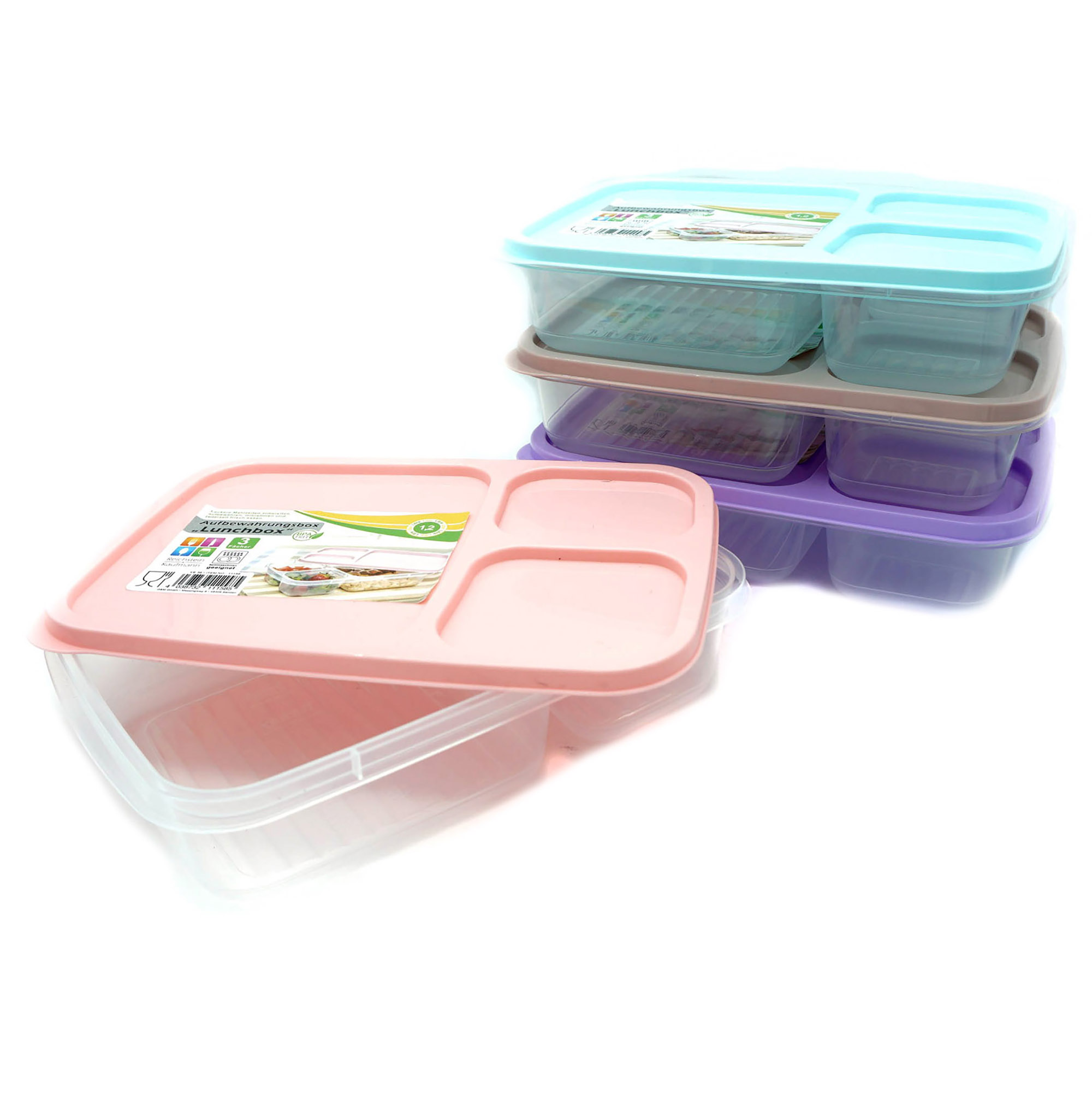 4 x Lunchbox mit jeweils 3 Fächern, 1,2 Liter
