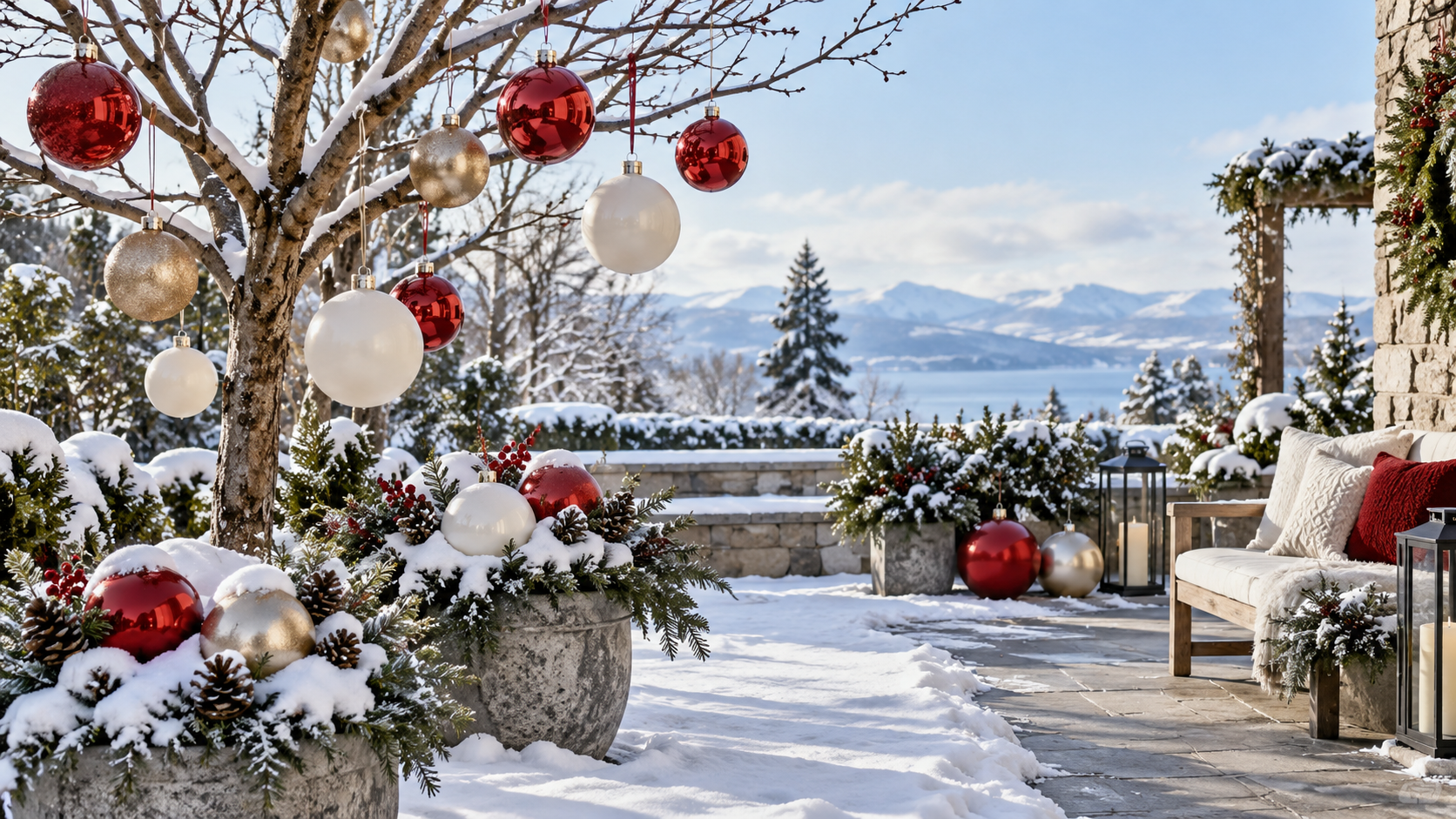 Große Weihnachtskugeln draußen dekorieren: Ideen für Garten, Terrasse & Hauseingang