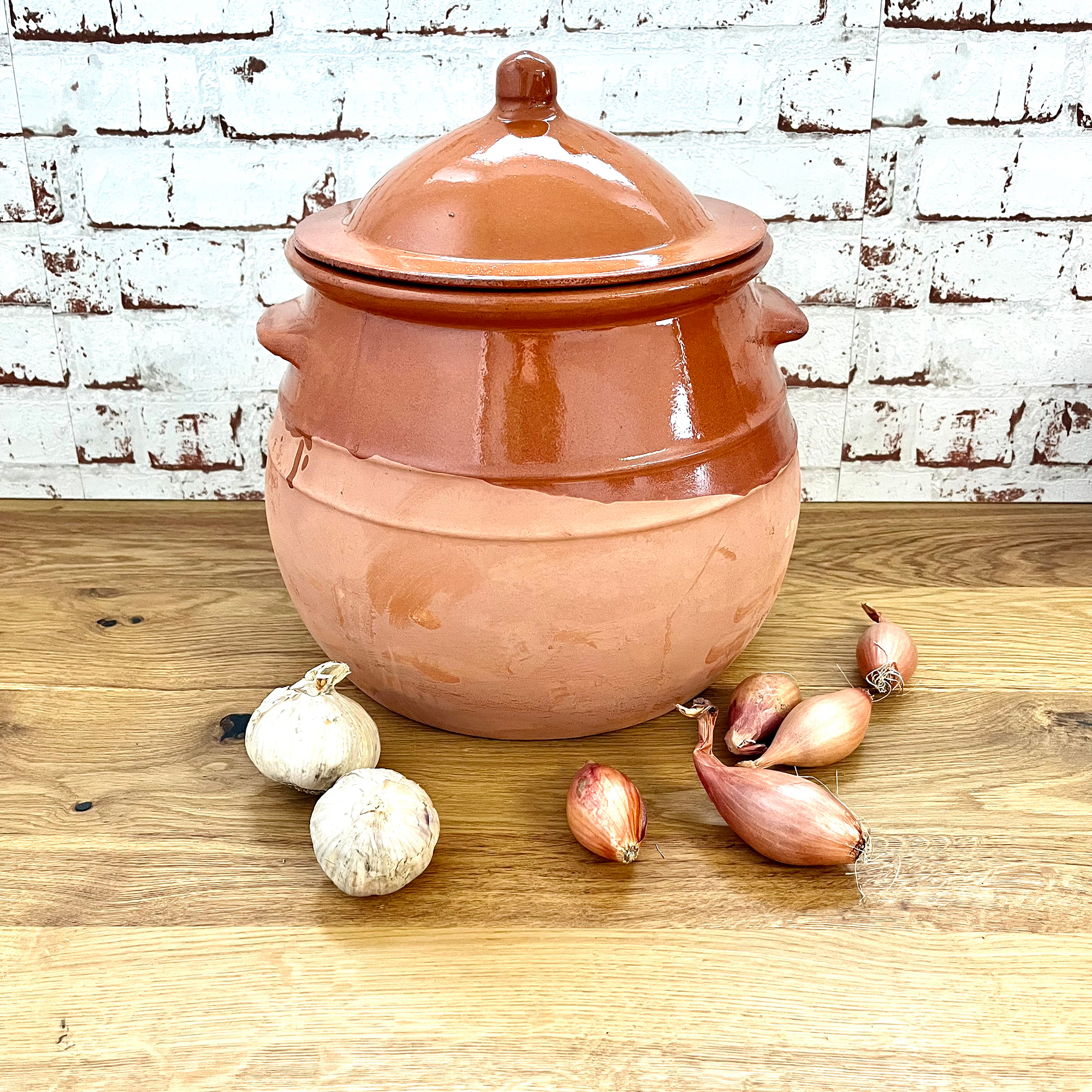 Tontopf mit Deckel - Stewpot teilglasiert mit Griffen