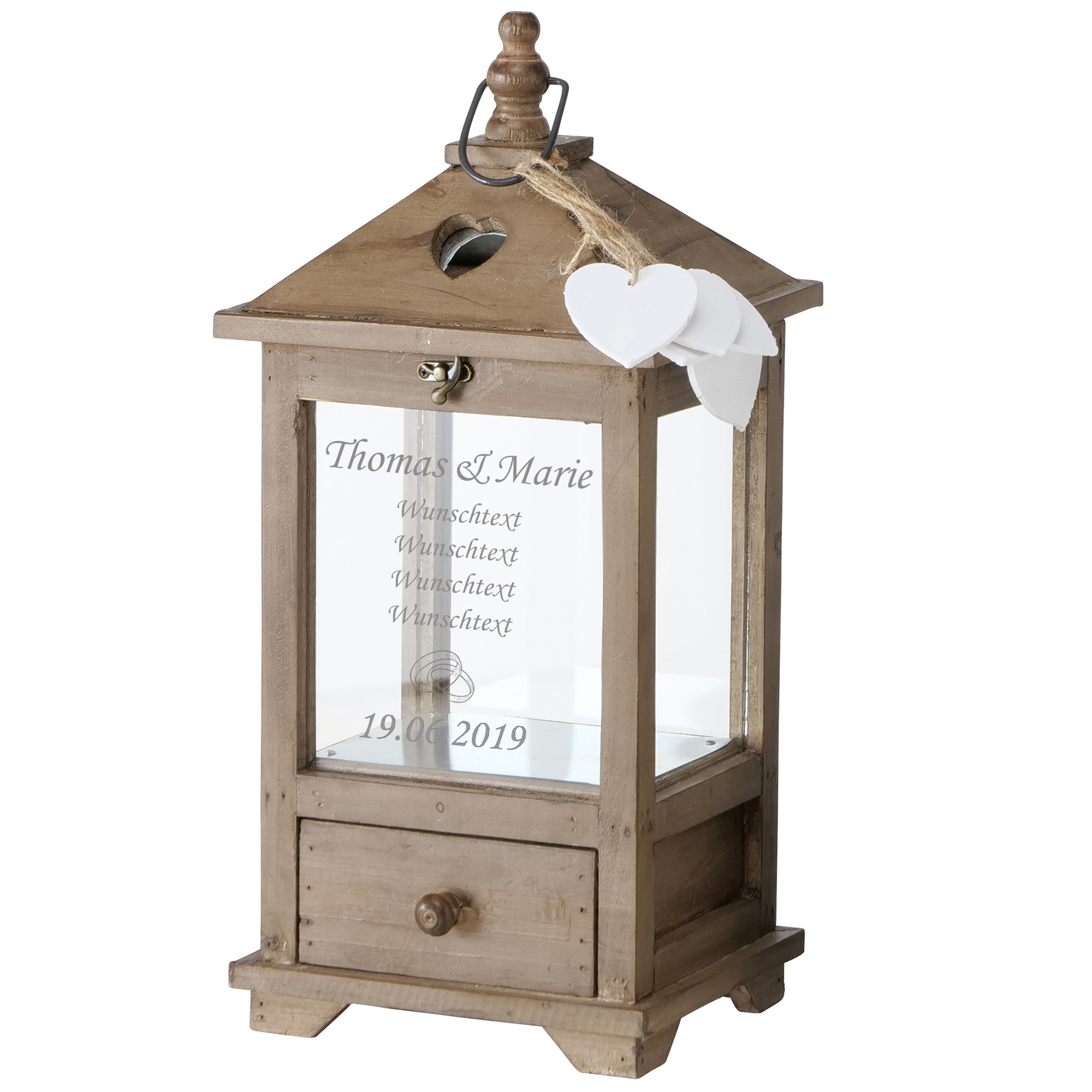 Laterne "Mirano"aus Holz mit persönlicher Gravur zur Hochzeit oder mit Wunschtext