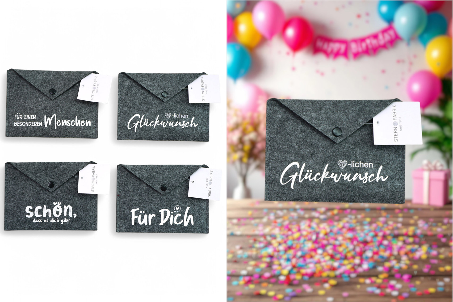 4 x Umschläge Filzgruß "Leni" für Geldgeschenke oder Gutscheine 18 x 13 cm mit Sprüchen