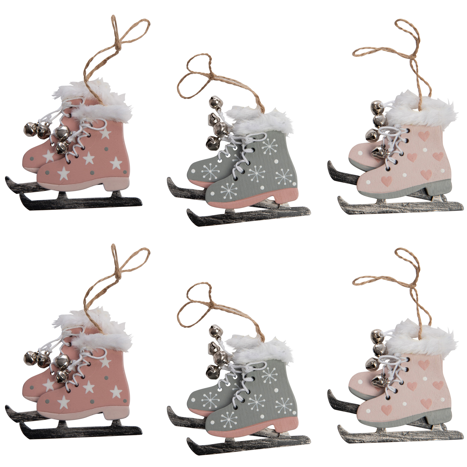 6 x Schlittschuhe aus Holz, Baumschmuck 8 x 7 cm