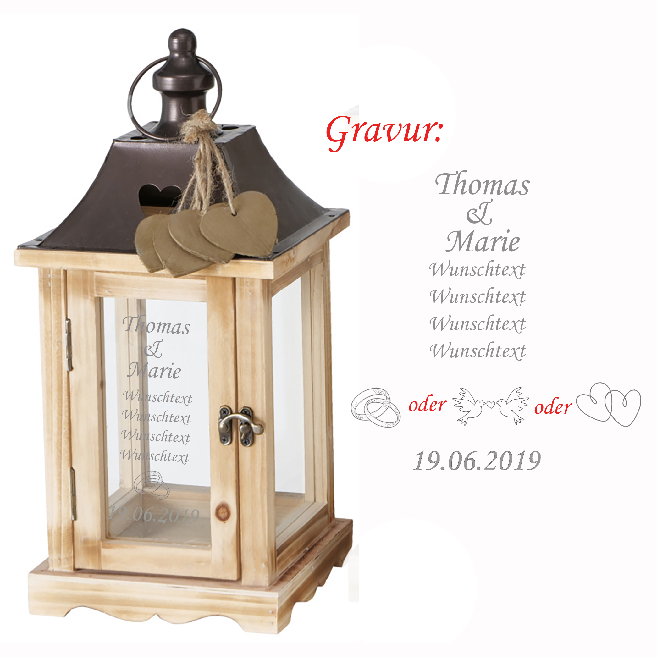 Laterne "Salzburg" aus Holz mit persönlicher Gravur zur Hochzeit H 40/54 cm