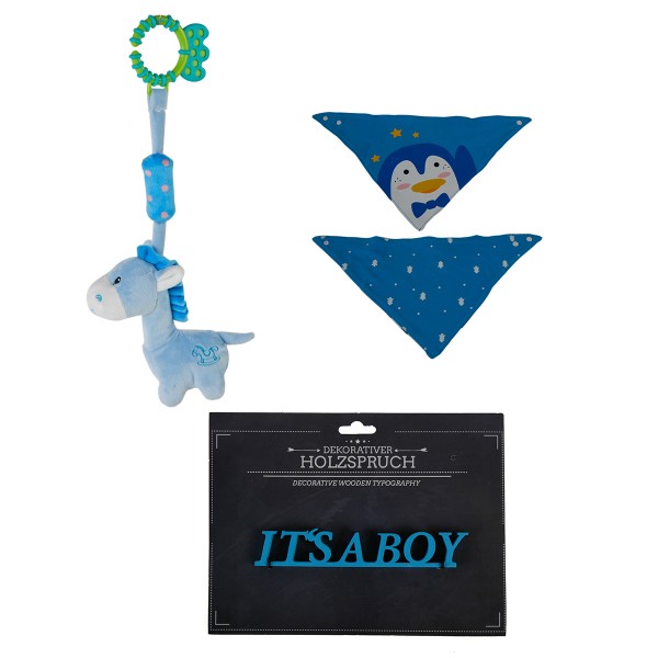 3-tlg. Geschenkset Baby - Beißring Plüschpferd + Lätzchen Pinguin + Holzschrift It's a boy