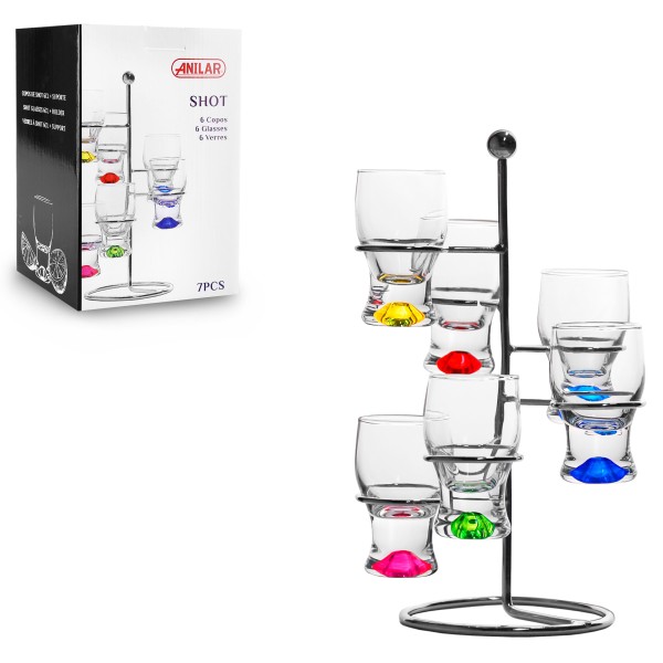 7-tlg. Set Schnapsgläser mit buntem Boden 50 ml inkl. Ständer
