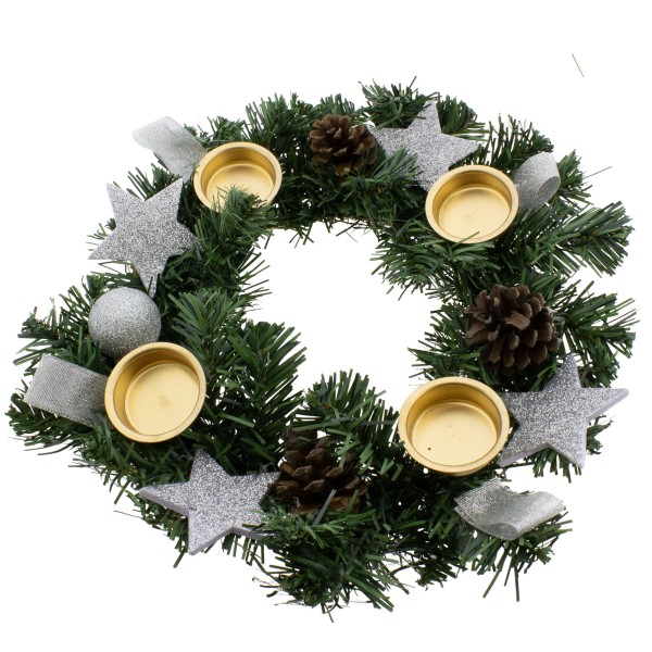 Adventskranz fertig dekoriert mit Schleifen, Sternen und Tannenzweige, inkl. 4 Teelichter - Ø 30 cm