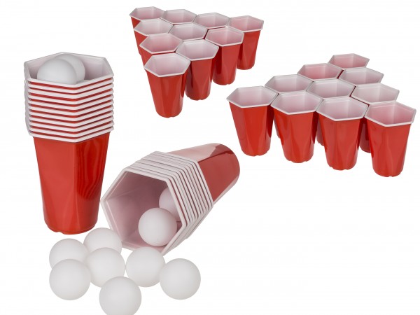 Hexagon Beer Pong mit 15 Bällen & 22 Trinkbechern - wiederverwendbar