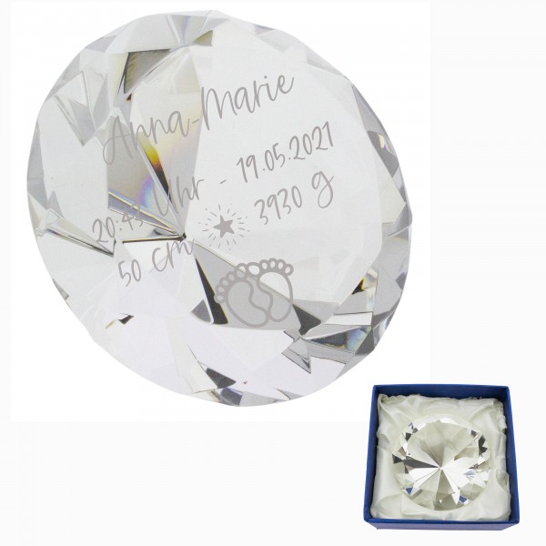 Kristall-Diamant mit Gravur zur Geburt Ø 80 mm in Geschenkbox
