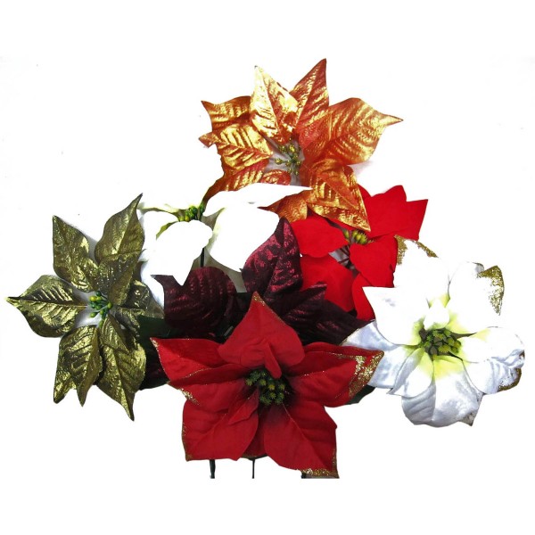 6 x Blumen "Weihnachtsstern" mit Stiel Ø 23 cm - L 60 cm, Mix aus Farben