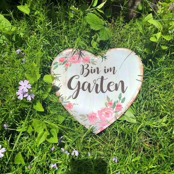 Schild aus Metall in Herzform "Bin im Garten" 25 x 25 cm