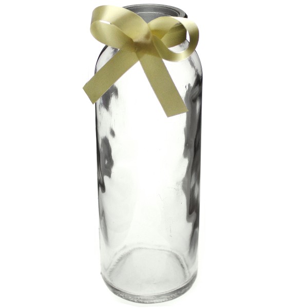 12 x Glasflaschen - Vasen mit cremefarbenem Band H 16 cm