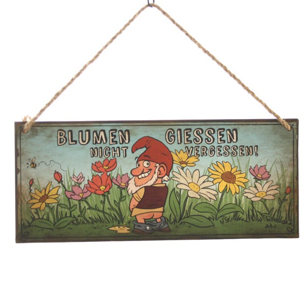Dekoschild Gartenzwerg "Blumen giessen nicht vergessen!" 30,5 x 13 cm