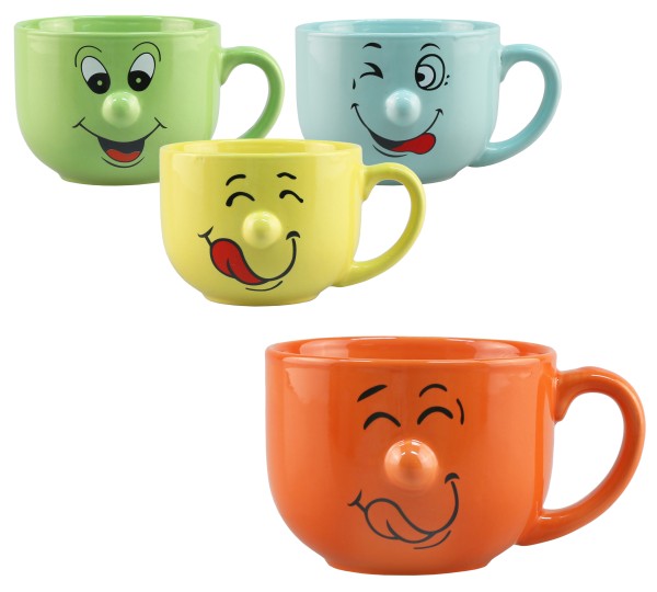 4 x Tassen mit lustigem Gesicht und Knollennase