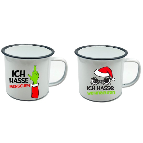 2er Set Tassen aus Metall "Festtags-Muffel" - zwei Designs - 300 ml