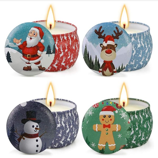 4er Set Weihnachtsduftkerzen in Blechdose - 4 Motive - 4 Düfte Ø 8 cm
