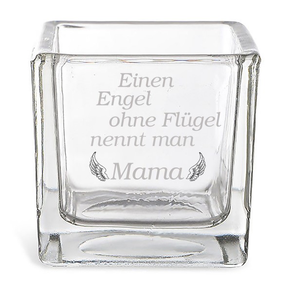 Windlicht aus Glas mit Gravur "Einen Engel ohne Flügel....." 8 x 8 cm