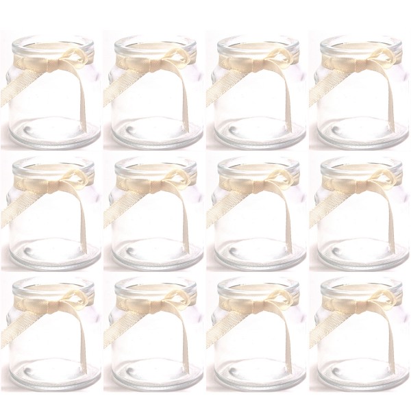 12 x Teelichtgläser - Windlichter mit cremefarbenem Band H 7 cm