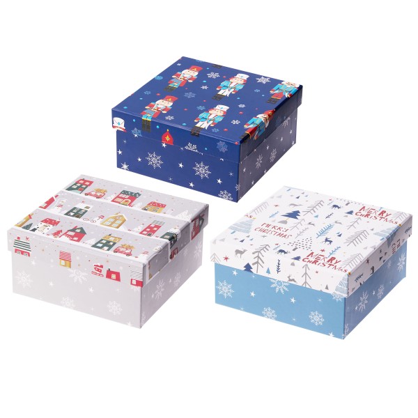 3er Set Geschenkkarton "Weihnachten" in quadratischer Form 14,5 x 14,5 x 7 cm