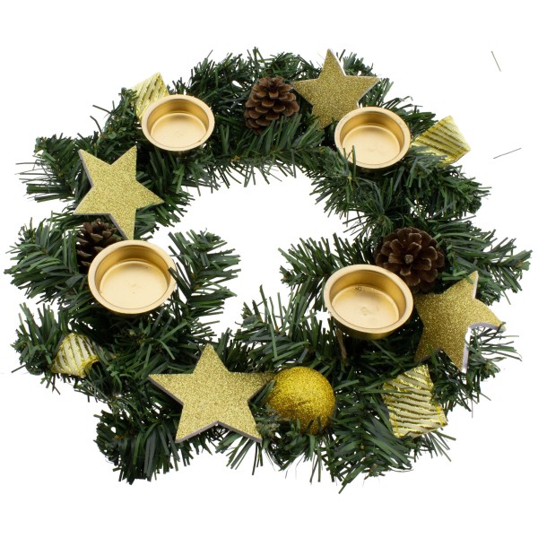 Adventskranz fertig dekoriert mit Schleifen, Sternen und Tannenzweige, inkl. 4 Teelichter - Ø 30 cm