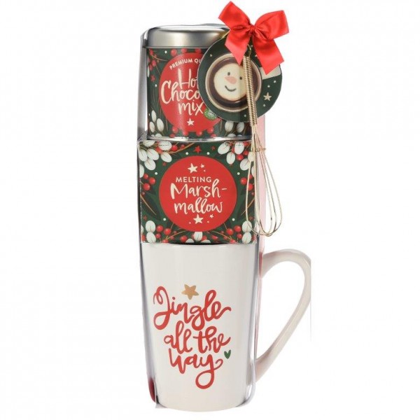 Geschenkset mit Weihnachtsbecher + Heißer Schokolade/Tee + Marshmallows/Kekse
