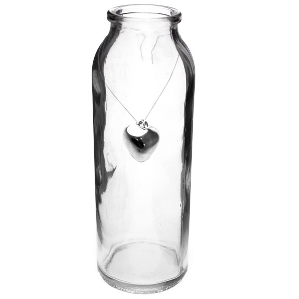 12 x Glasflaschen - Vasen H 16 cm inkl. 12 Herzen mit Öse zum Hängen