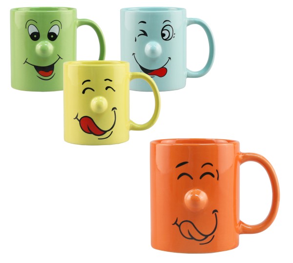 4 x Tassen mit lustigem Gesicht und Knollennase