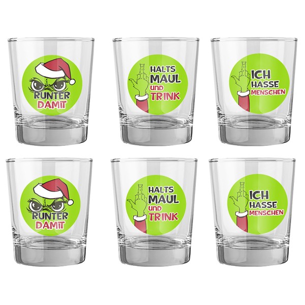 6 x Schnapspinnchen aus Glas "Festtags-Muffel" 40 ml - 3 Modelle