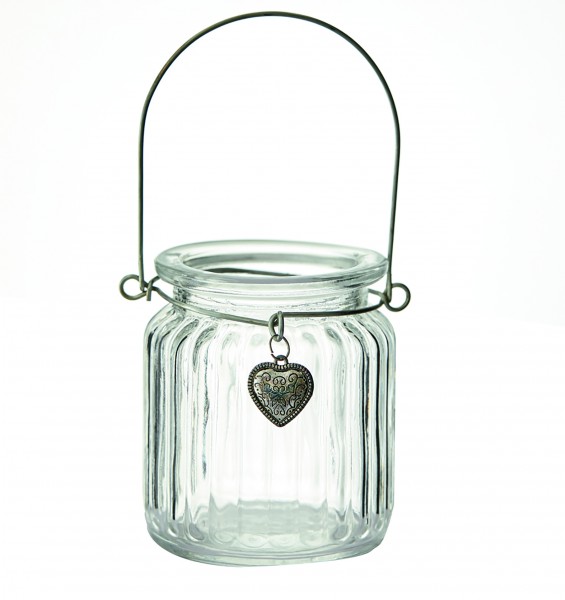 12 x Windlichter aus Glas mit Herz und Henkel, H 9 cm