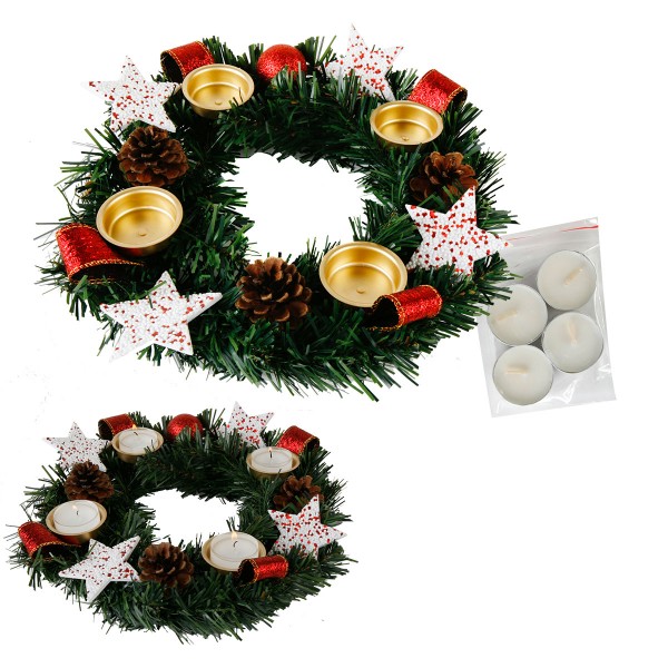 Adventskranz für Teelichter, fertig dekoriert Ø 30 cm inkl. 4 Teelichtern