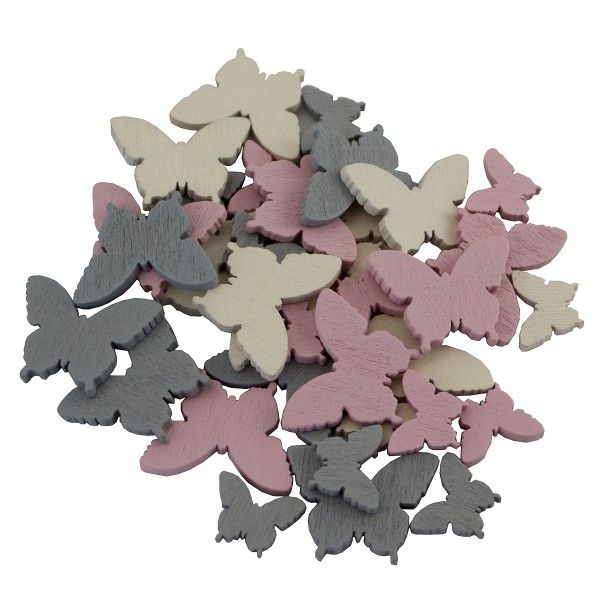 144 x Holz-Schmetterlingsstreuer, rosa, grau und creme, 1,5 - 2,5 cm