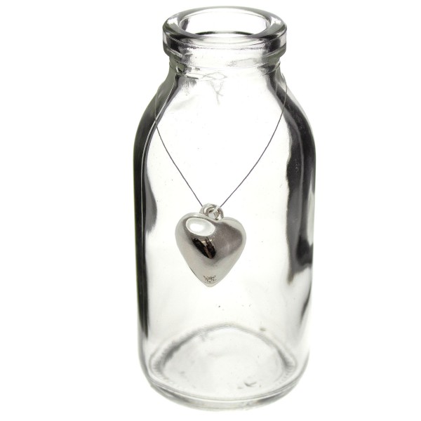 12 x Glasfläschchen - Vasen H 10,5 cm inkl. 12 Herzen mit Öse zum Verzieren