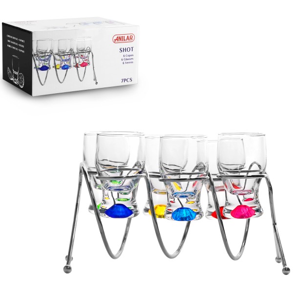 7-tlg. Set Schnapsgläser 40 ml mit buntem Boden und Metallständer